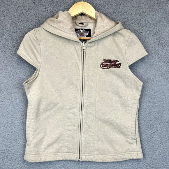 Harley-Davidson Tops - Harley Davidson Short Sleeve Tan Zip Up Vest Hoodie Top Women's Sz M embroidered